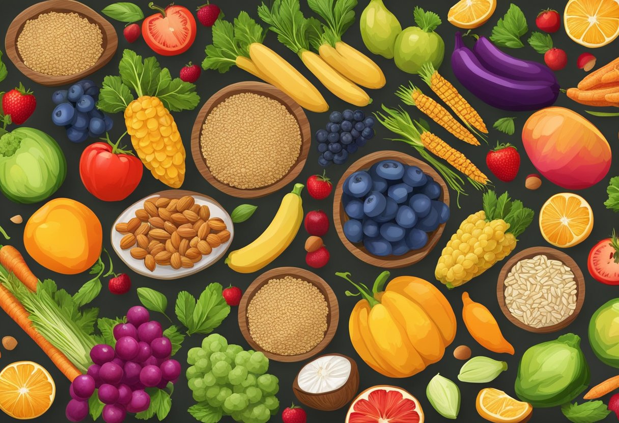 A table with a variety of fresh fruits, vegetables, nuts, and grains arranged in a colorful and appetizing display