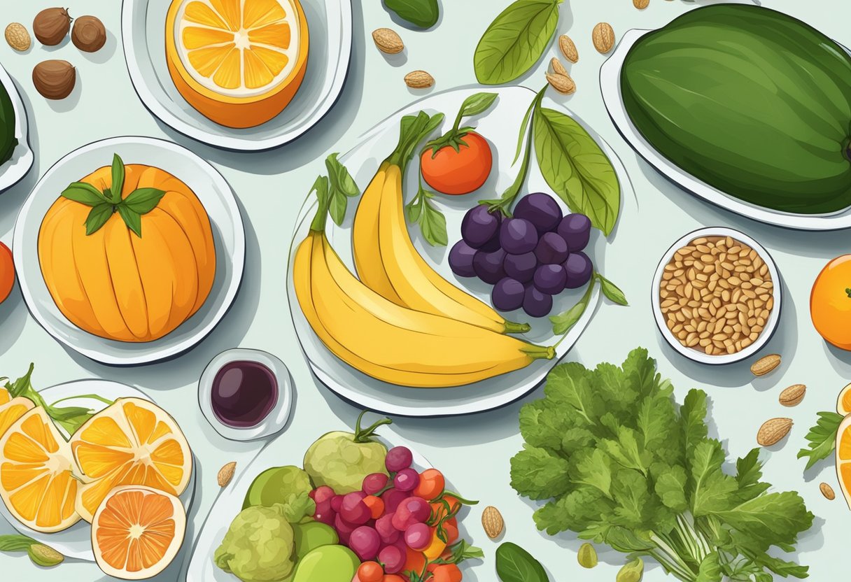 A table set with colorful fruits, vegetables, and grains, representing seasonal eating on the gluten-free Mediterranean diet