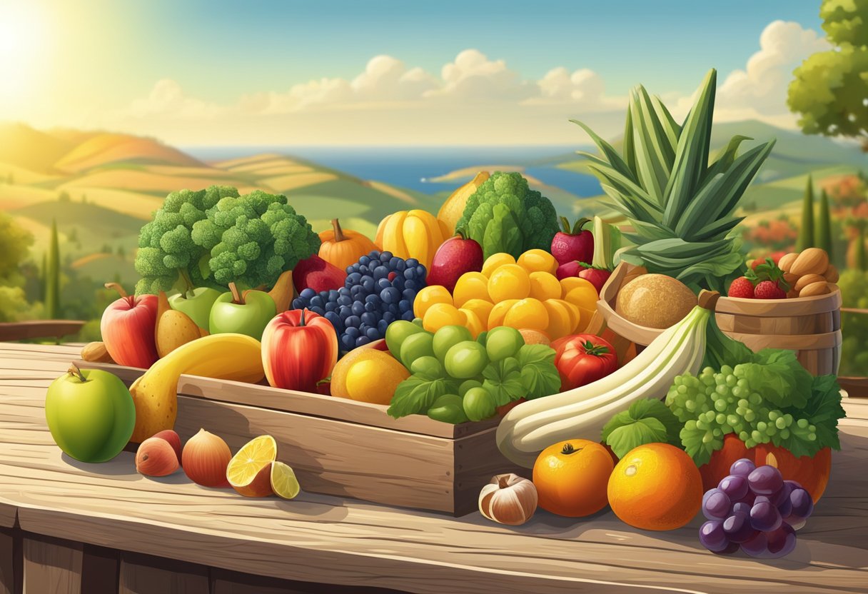 A colorful array of fresh fruits, vegetables, nuts, and grains arranged on a rustic wooden table, with a backdrop of a sunny Mediterranean landscape