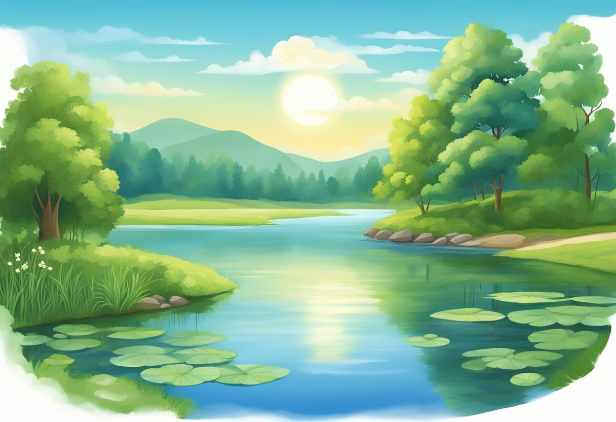 A serene nature scene with a tranquil lake, lush greenery, and a clear blue sky, evoking a sense of peace and mindfulness