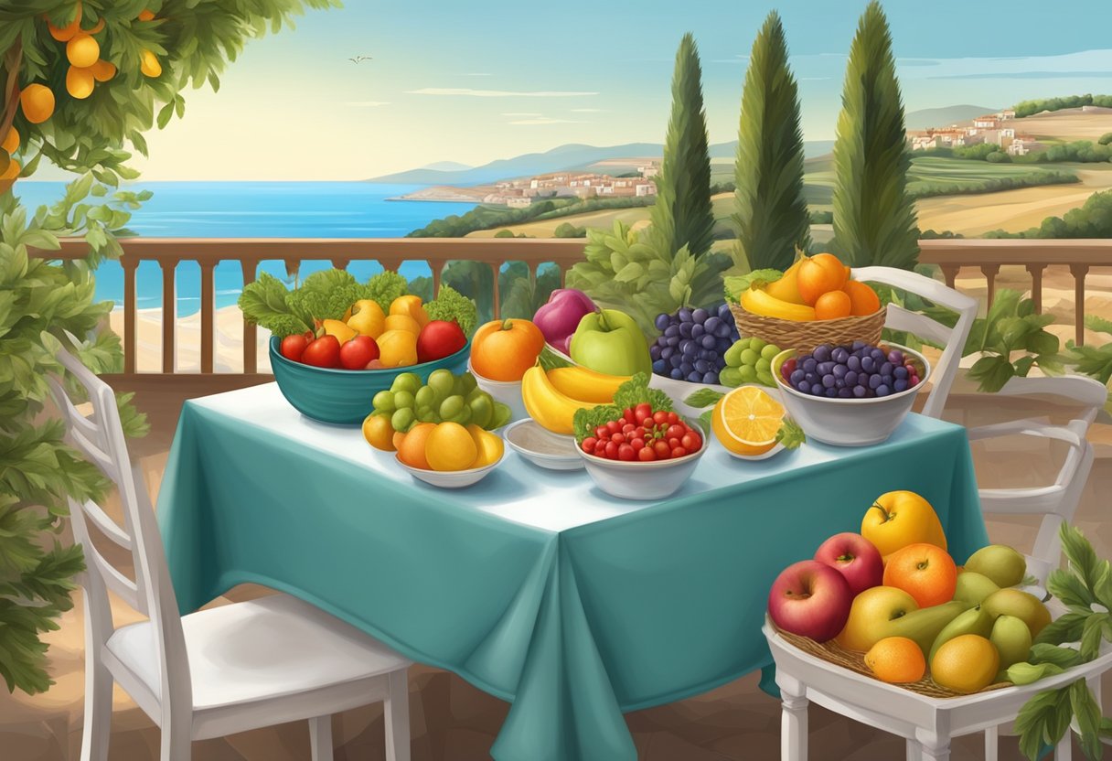 A table set with colorful, fresh fruits, vegetables, and grains, surrounded by olive trees and a view of the Mediterranean sea