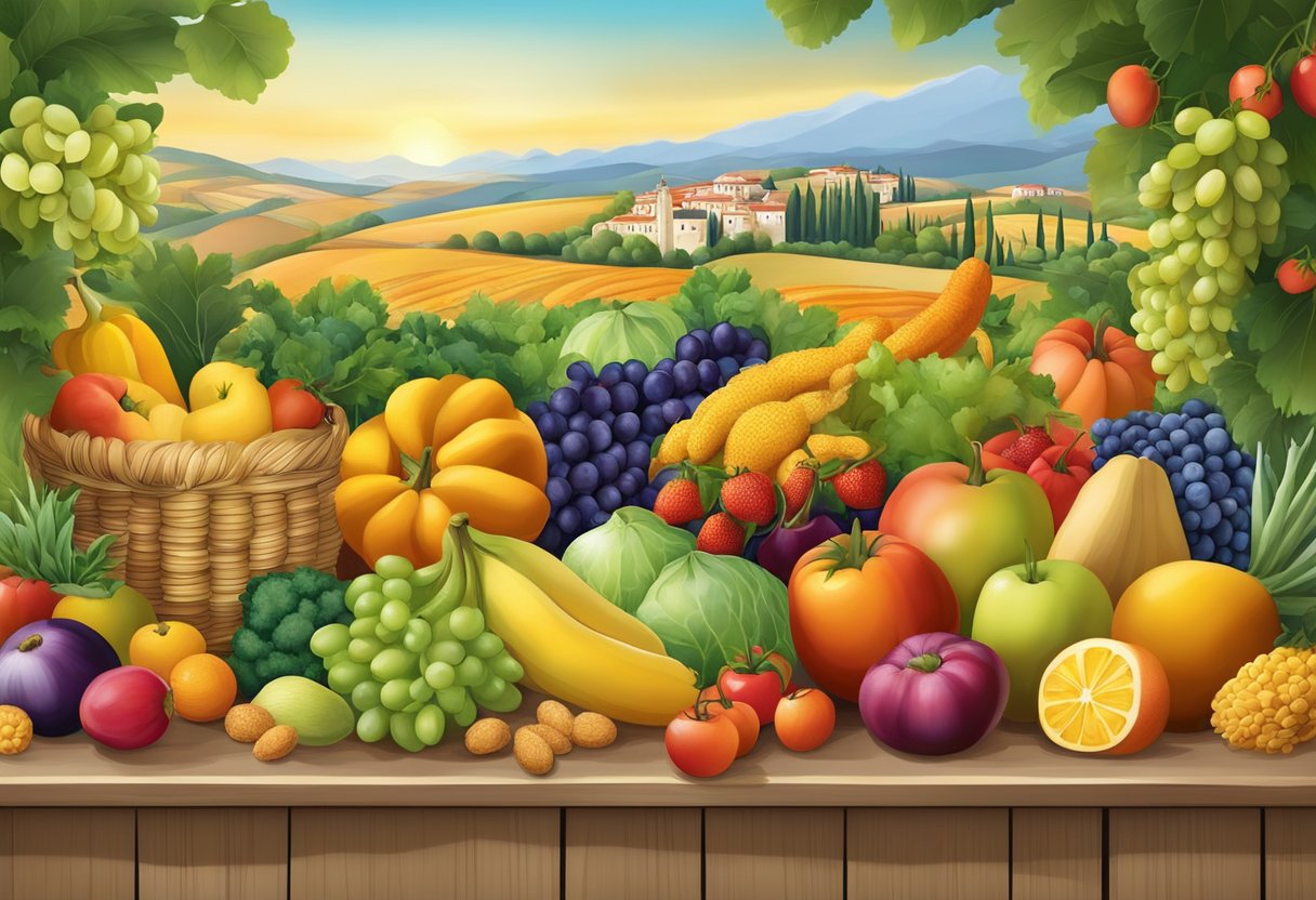 A colorful array of fresh fruits, vegetables, and grains arranged in a bountiful harvest scene, with a backdrop of a Mediterranean landscape