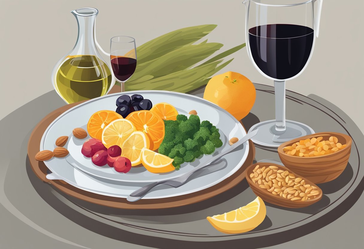 A table set with fresh fruits, vegetables, nuts, and olive oil. A glass of red wine and a carafe of water sit beside a plate of gluten-free whole grains and fish