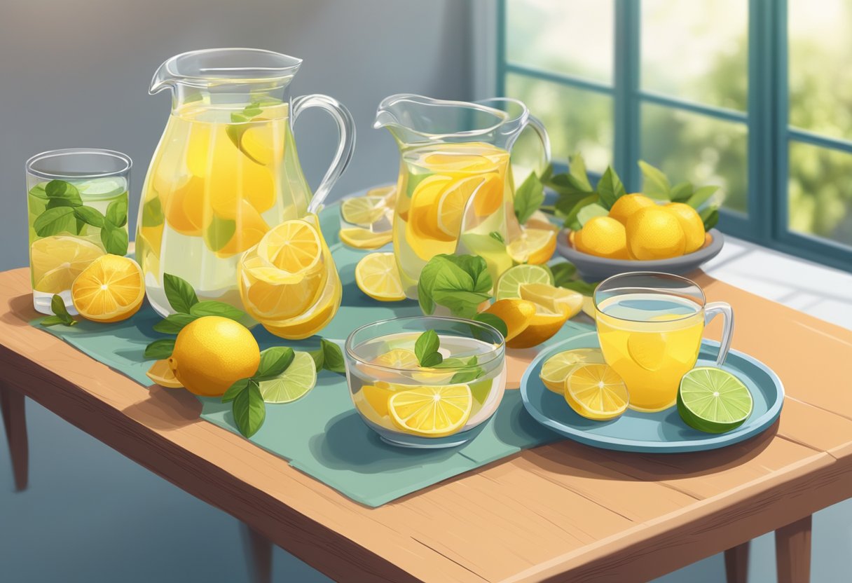 A table with colorful glasses filled with fresh fruit smoothies and herbal teas. A bowl of ripe lemons and a pitcher of infused water sit nearby