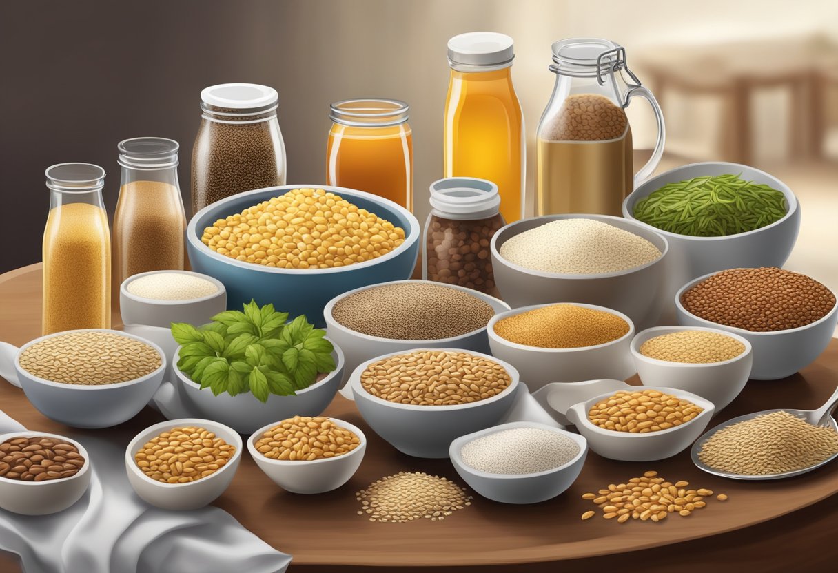 A table set with a variety of gluten-free grains, seeds, and Mediterranean diet beverages