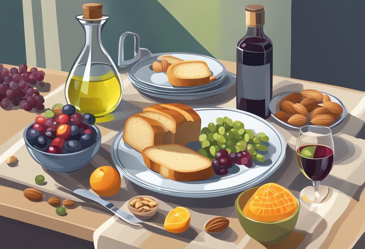 A table set with colorful fruits, vegetables, nuts, and olive oil. A glass of red wine and a carafe of water sit next to a plate of gluten-free bread