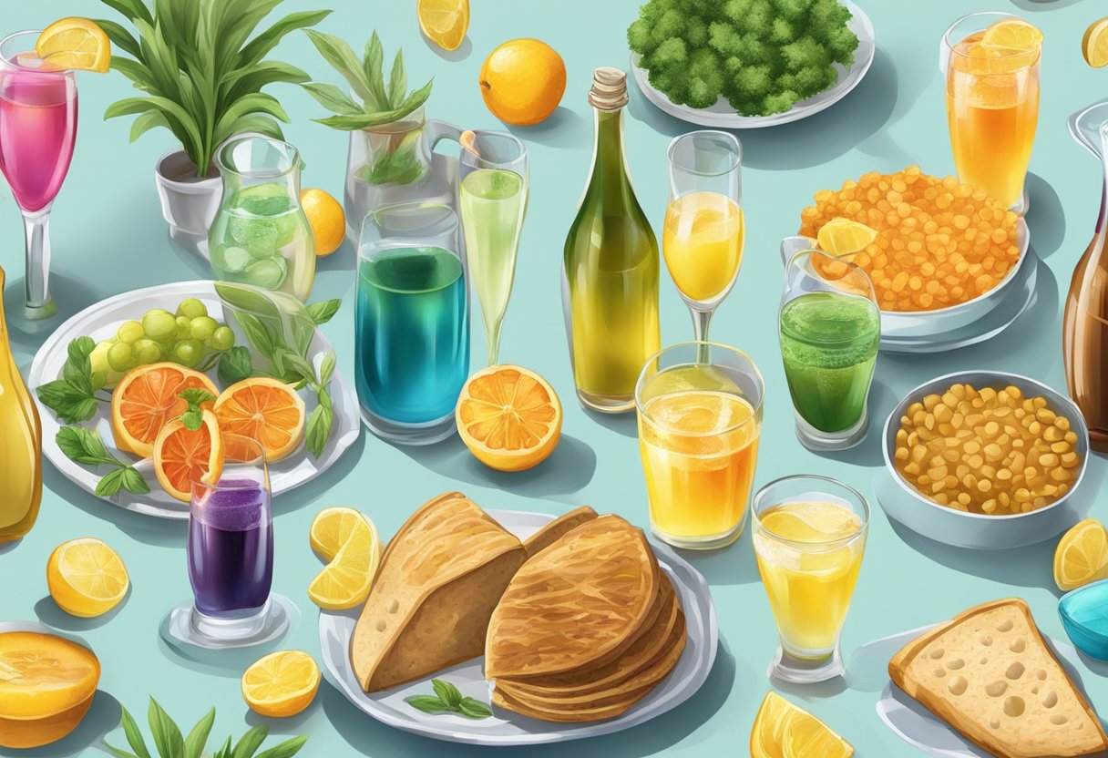 A table set with colorful glasses filled with gluten-free Mediterranean diet beverages