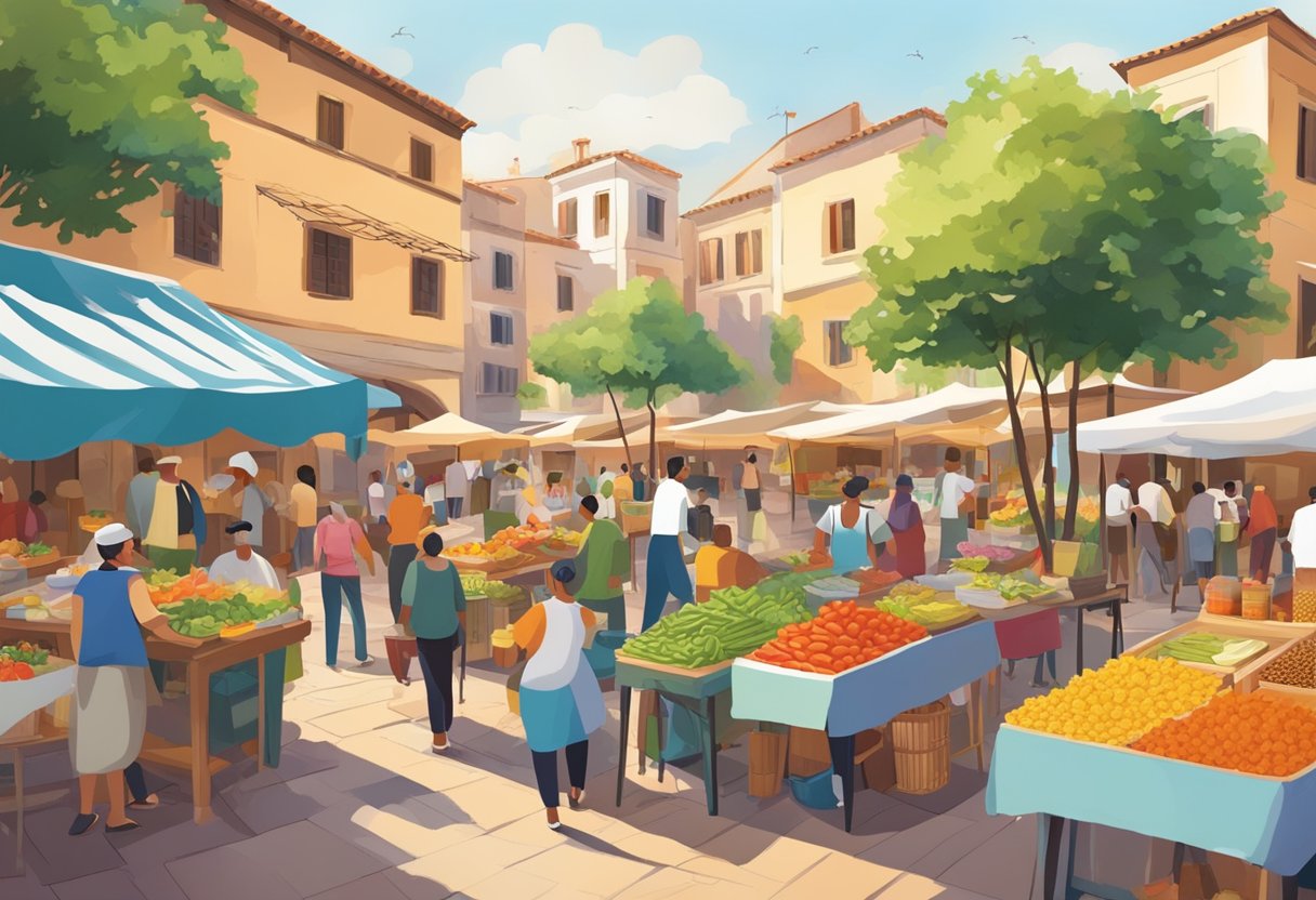 A bustling marketplace with colorful stalls selling fresh produce, grains, and spices. People are dining at outdoor cafes, sipping on refreshing Mediterranean-inspired beverages