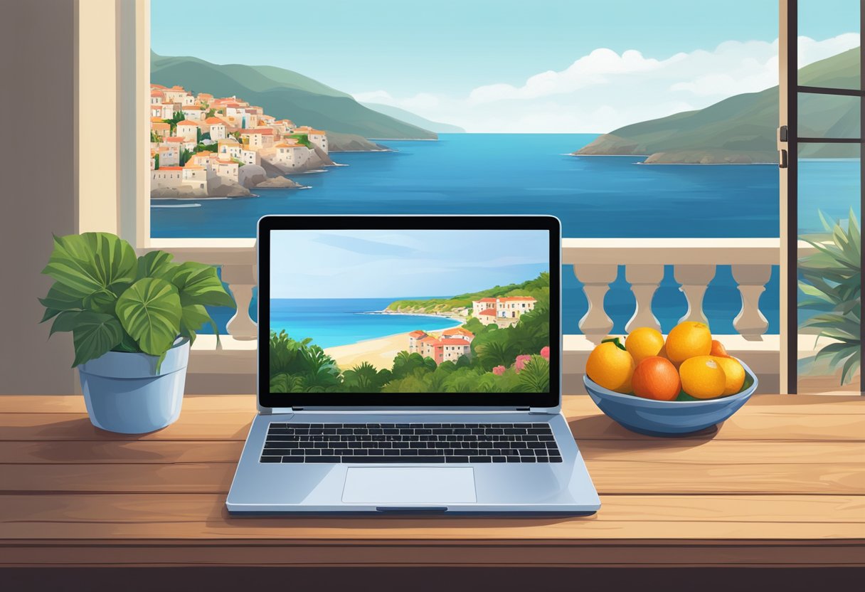 A laptop sits on a rustic wooden table next to a bowl of fresh fruit and a potted plant, overlooking a serene Mediterranean sea view