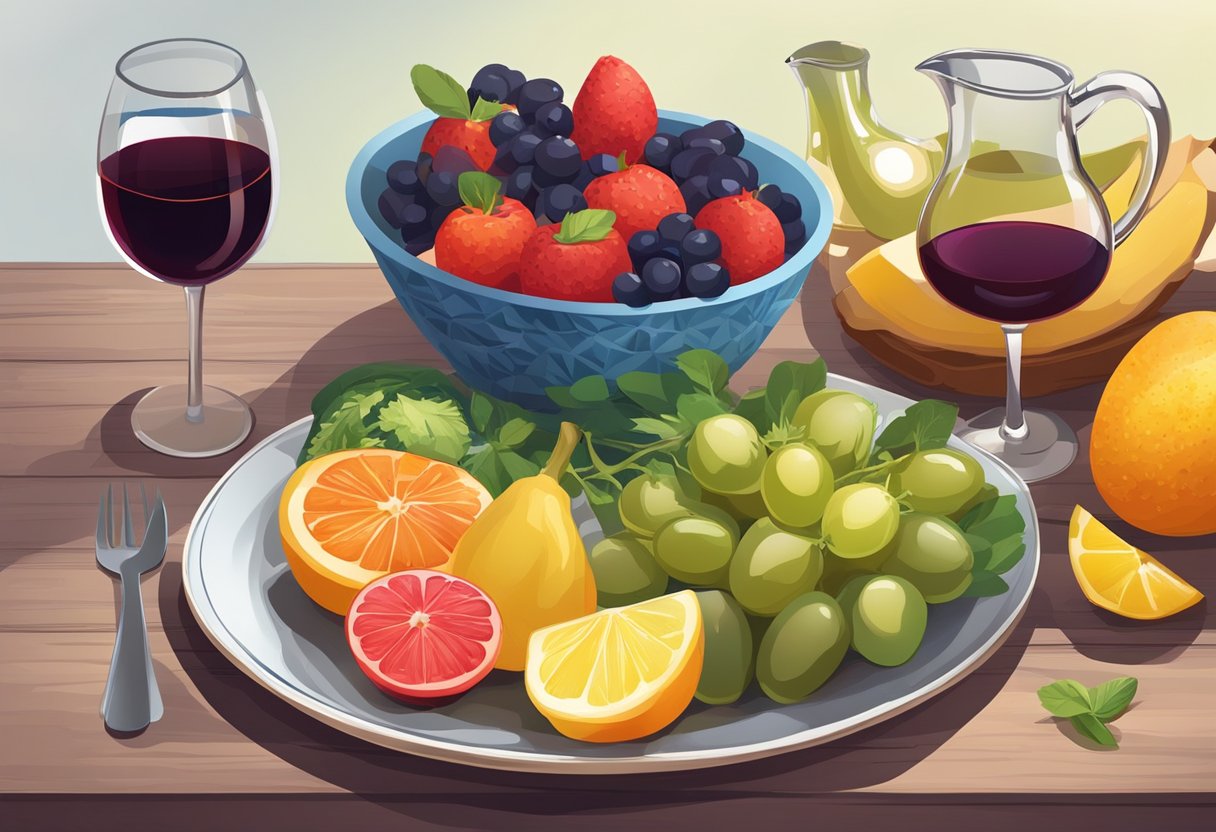 A colorful table with fresh fruits, vegetables, olive oil, and gluten-free grains. A glass of red wine and a pitcher of water sit beside the meal