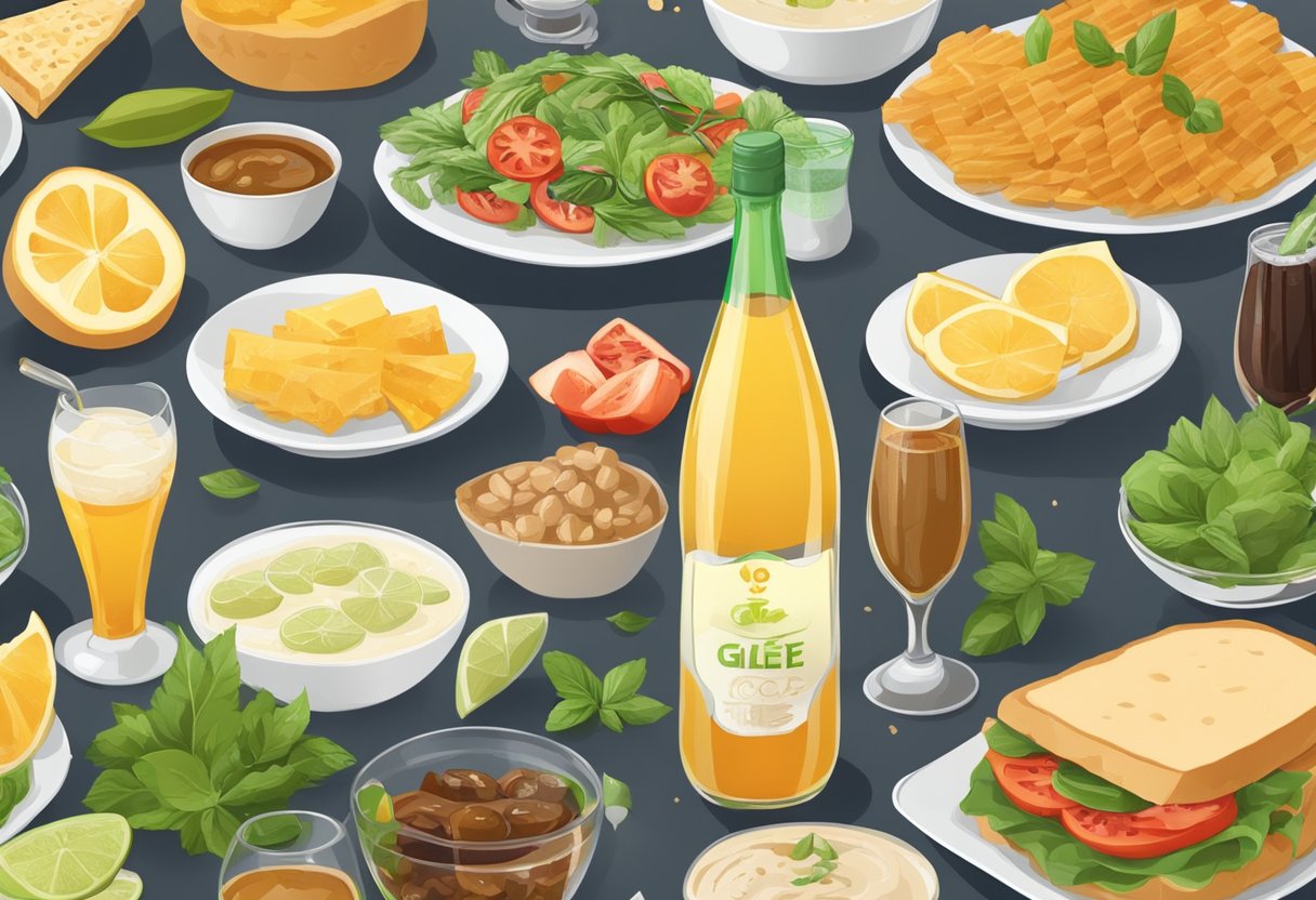 A table with various Mediterranean diet beverages surrounded by gluten-free food items