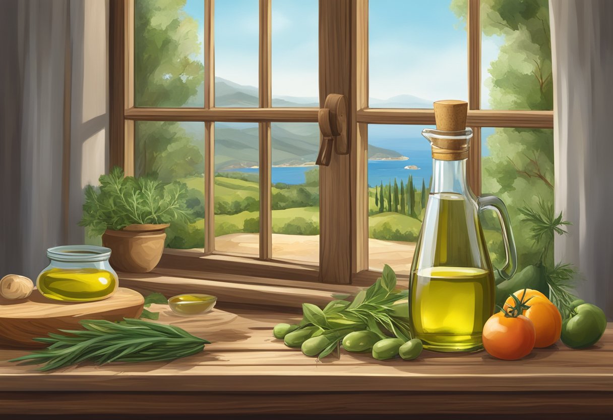 A bottle of olive oil sits on a rustic wooden table, surrounded by fresh vegetables, herbs, and grains. The Mediterranean sea and rolling hills are visible through a window in the background