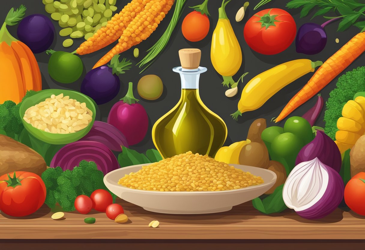 A bottle of olive oil sits next to a colorful array of fresh vegetables, fruits, and grains, all arranged on a wooden table