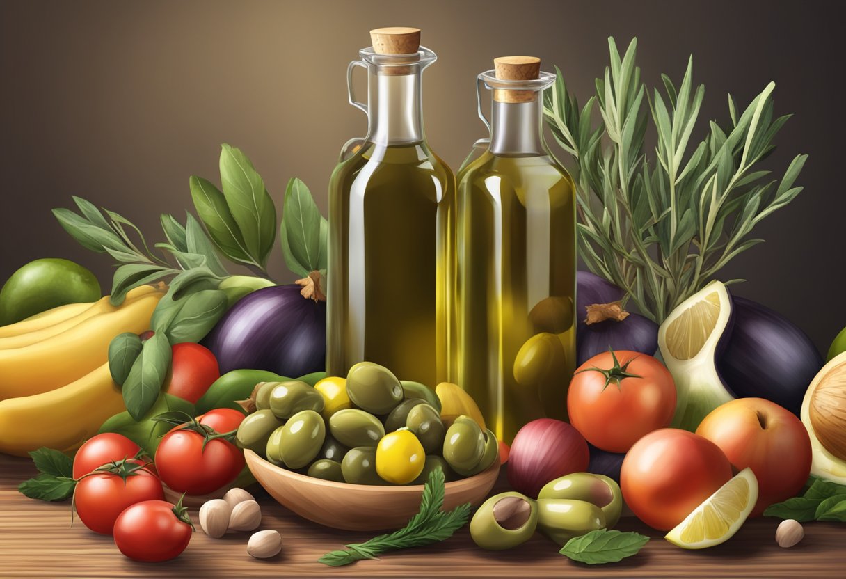 A bottle of olive oil sits on a table surrounded by fresh Mediterranean fruits and vegetables, emphasizing the importance of healthy fats in the gluten-free diet