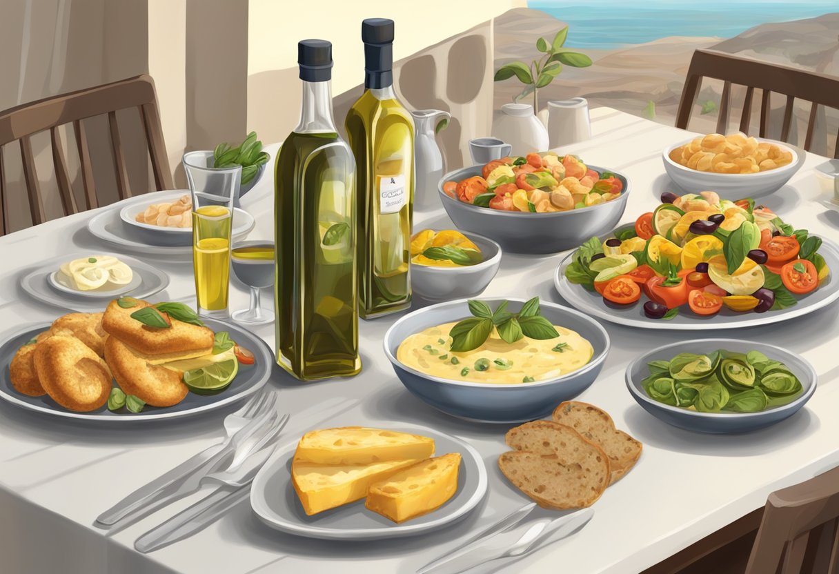 A table set with a variety of gluten-free Mediterranean dishes and beverages, with a prominent bottle of olive oil as the centerpiece