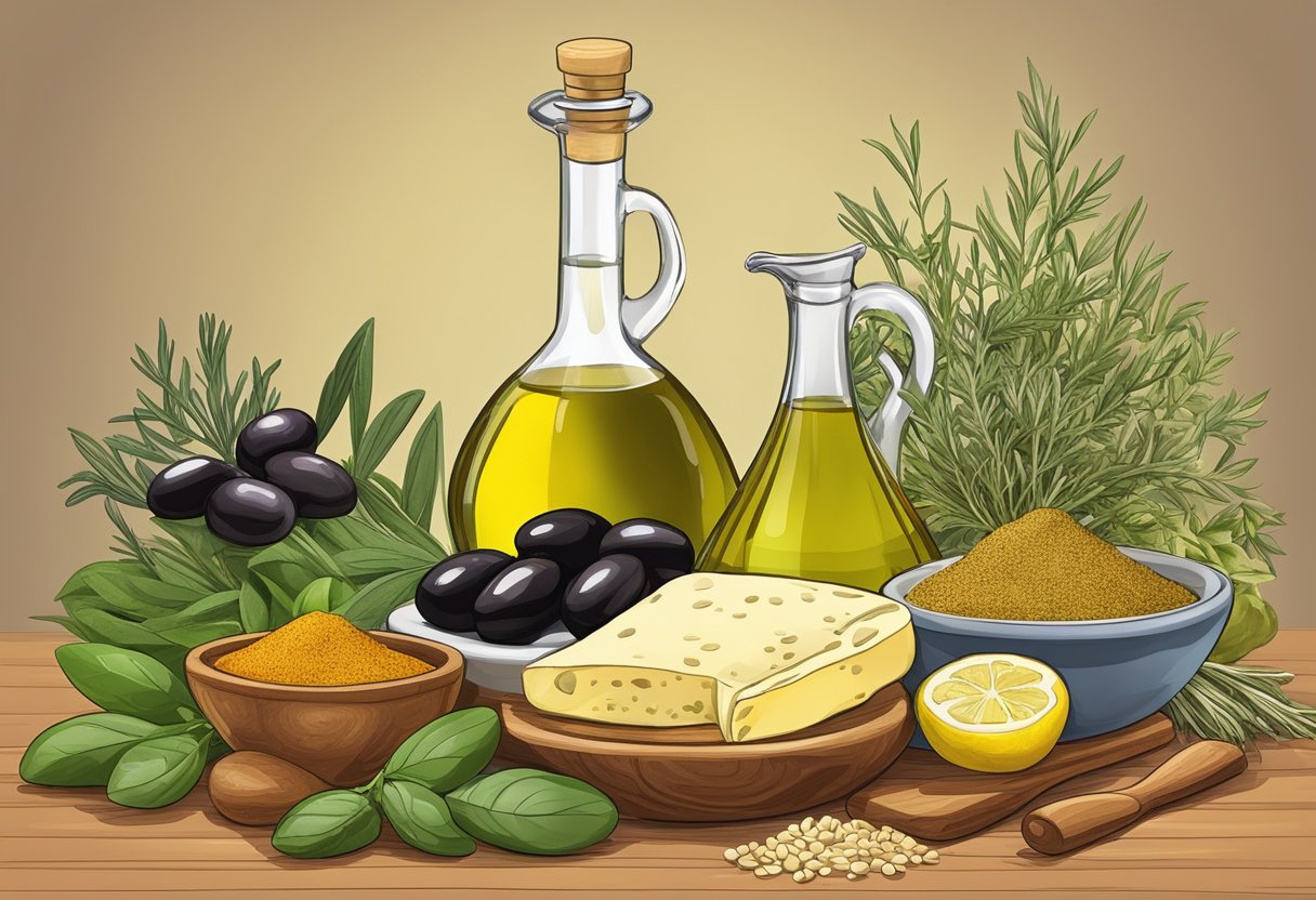 A bottle of olive oil pours over a variety of herbs and spices on a table, representing the gluten-free Mediterranean diet