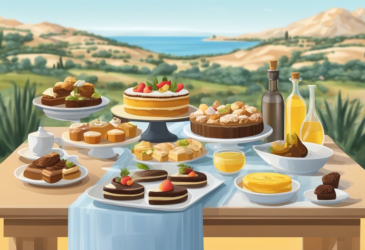 A table set with a variety of gluten-free desserts and treats, accompanied by a bottle of olive oil. The Mediterranean landscape is visible in the background