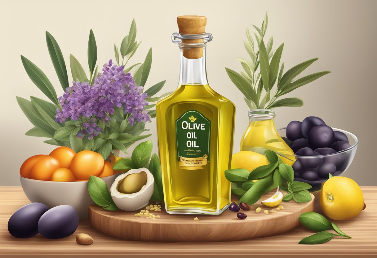 A bottle of olive oil surrounded by colorful Mediterranean ingredients on a kitchen counter