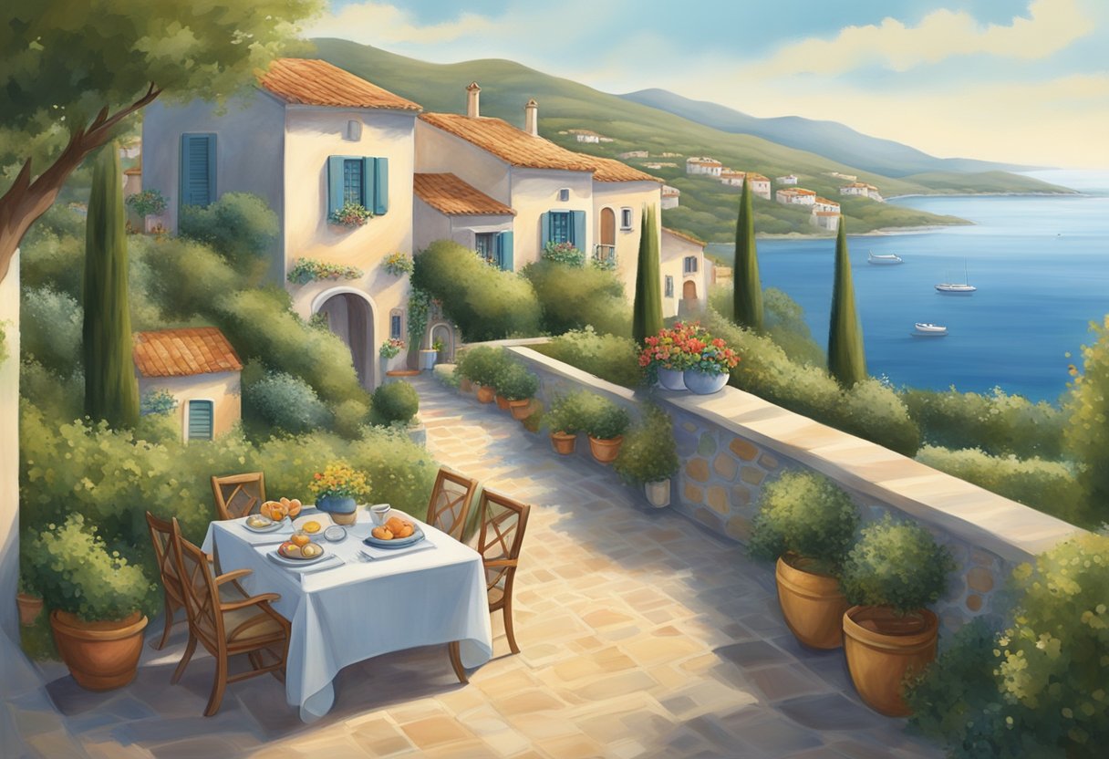 A serene seaside village with traditional architecture, surrounded by lush olive groves and vineyards. A family enjoys a meal al fresco, while a gentle sea breeze blows through the open windows of a cozy Mediterranean home