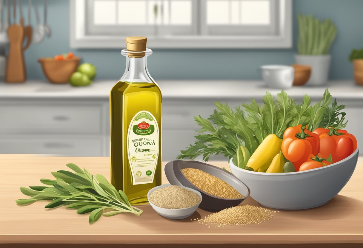 A bottle of olive oil sits on a kitchen counter next to fresh vegetables and a bowl of quinoa, representing its use as a staple fat source in the gluten-free Mediterranean diet