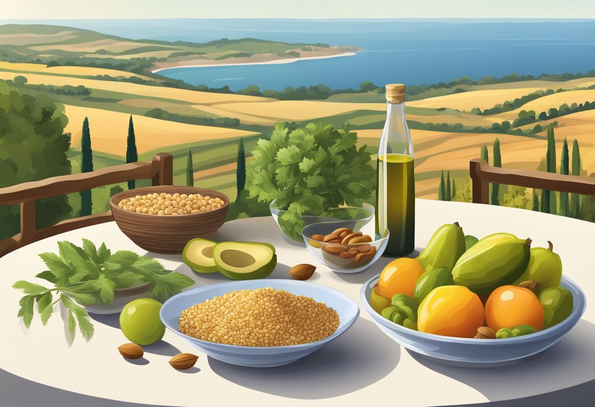 A table set with colorful fruits, vegetables, nuts, and grains. A bottle of olive oil and a bowl of quinoa. A serene Mediterranean landscape in the background