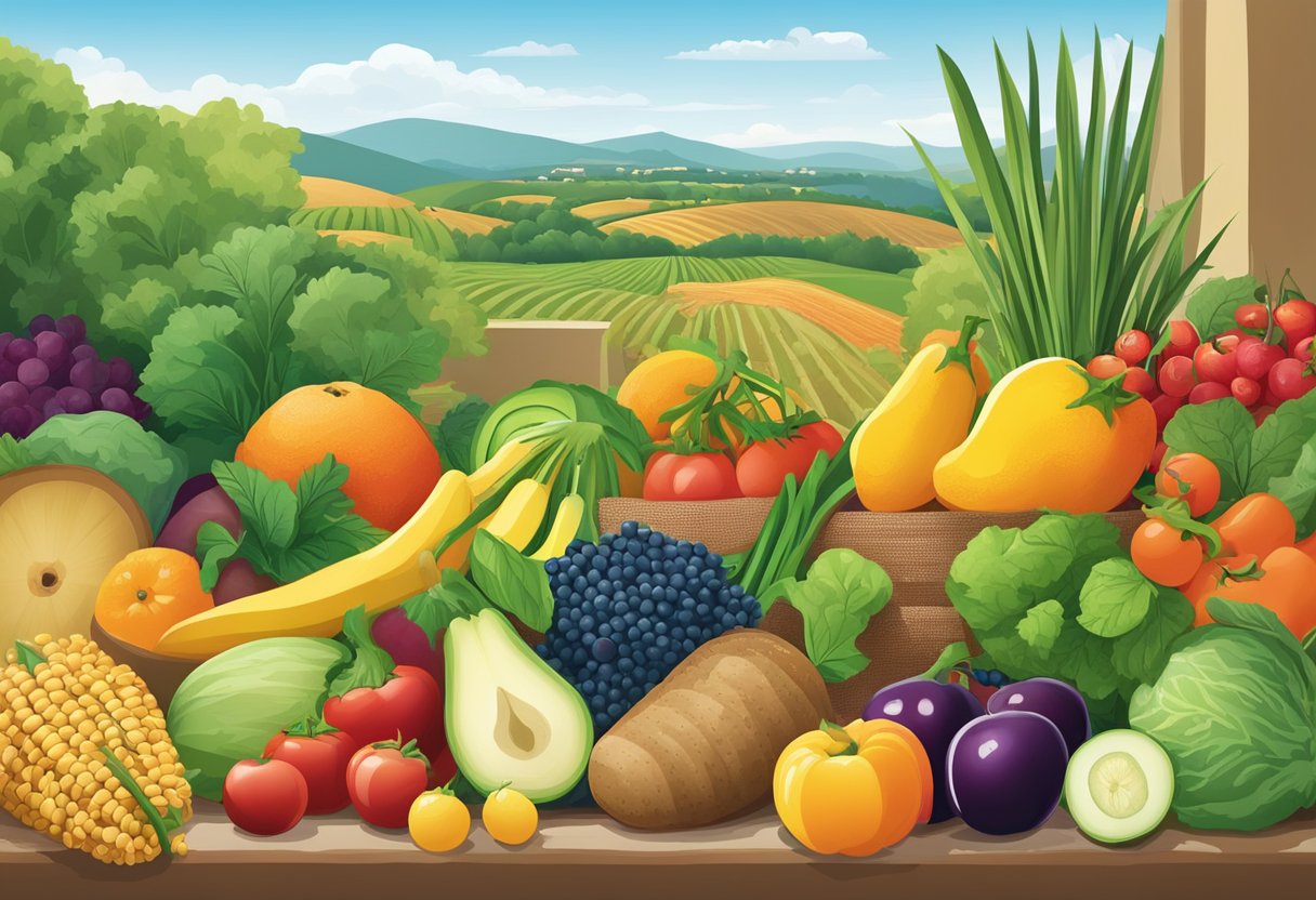 A colorful display of fresh fruits, vegetables, grains, and legumes set against a backdrop of a Mediterranean landscape. The focus is on whole foods and gluten-free options