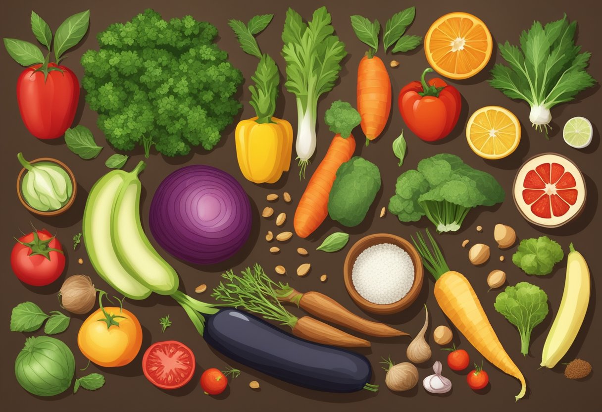 Fresh vegetables, fruits, and grains arranged on a wooden cutting board. A variety of herbs and spices in small containers nearby