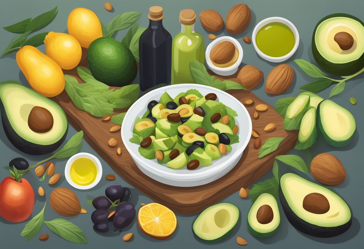 A table spread with avocados, olives, nuts, and olive oil. A colorful array of fresh vegetables and fruits surrounds the healthy fats