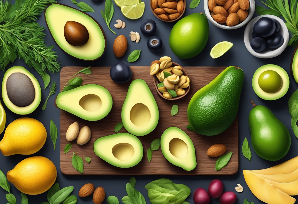 A colorful array of avocados, olives, nuts, and fish on a wooden cutting board, surrounded by fresh herbs and vibrant fruits