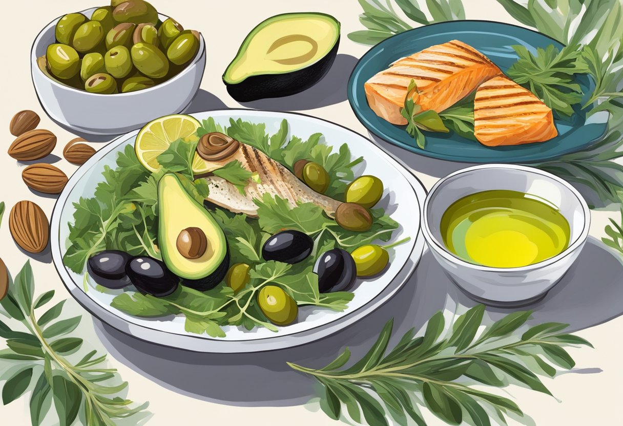 A table spread with olives, nuts, avocados, and olive oil. A bowl of mixed greens and a plate of grilled fish. Bright, vibrant colors and fresh, natural ingredients