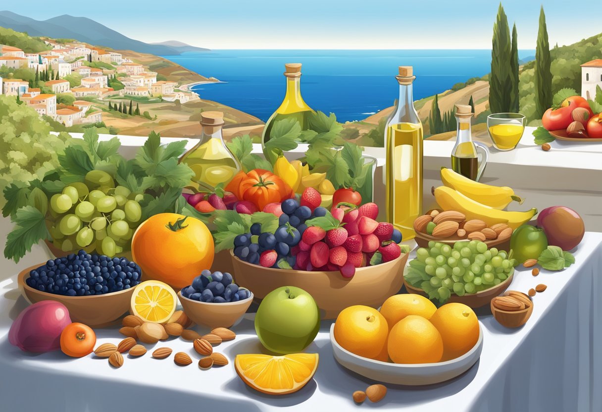 A colorful array of fresh fruits, vegetables, nuts, and olive oil arranged on a table, with a Mediterranean seaside backdrop