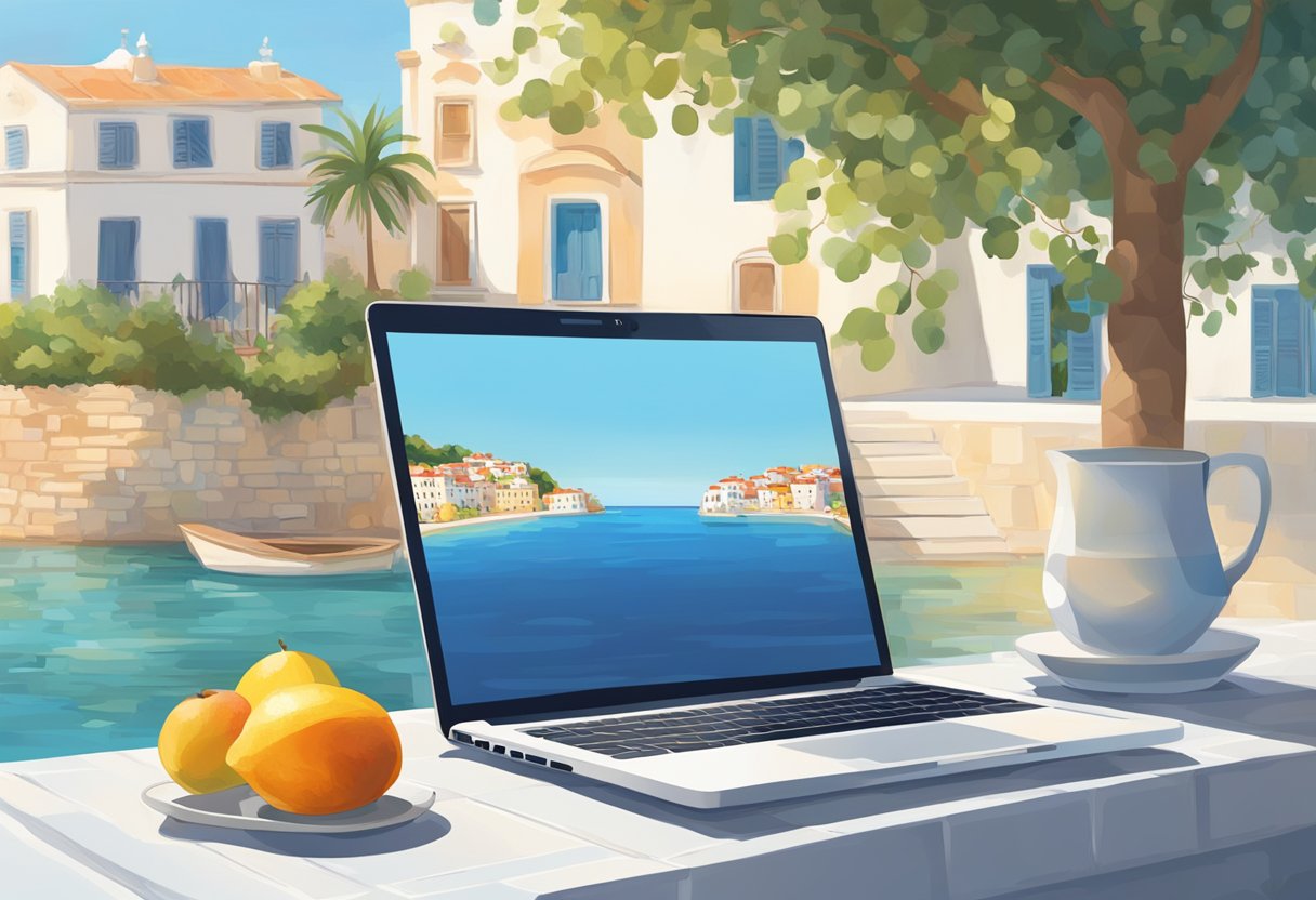 A laptop sits on a sun-drenched patio next to a bowl of fresh fruit. The blue sea and white buildings of a Mediterranean town are visible in the background