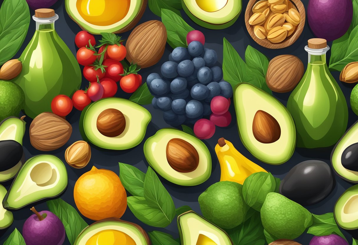 A colorful array of avocados, nuts, and olive oil, surrounded by fresh fruits and vegetables, symbolizing the healthy fats in the gluten-free Mediterranean diet