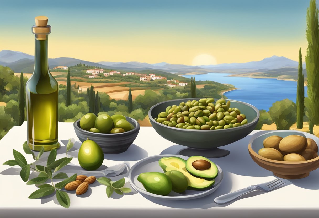 A table set with olives, avocados, nuts, and olive oil. A Mediterranean landscape in the background