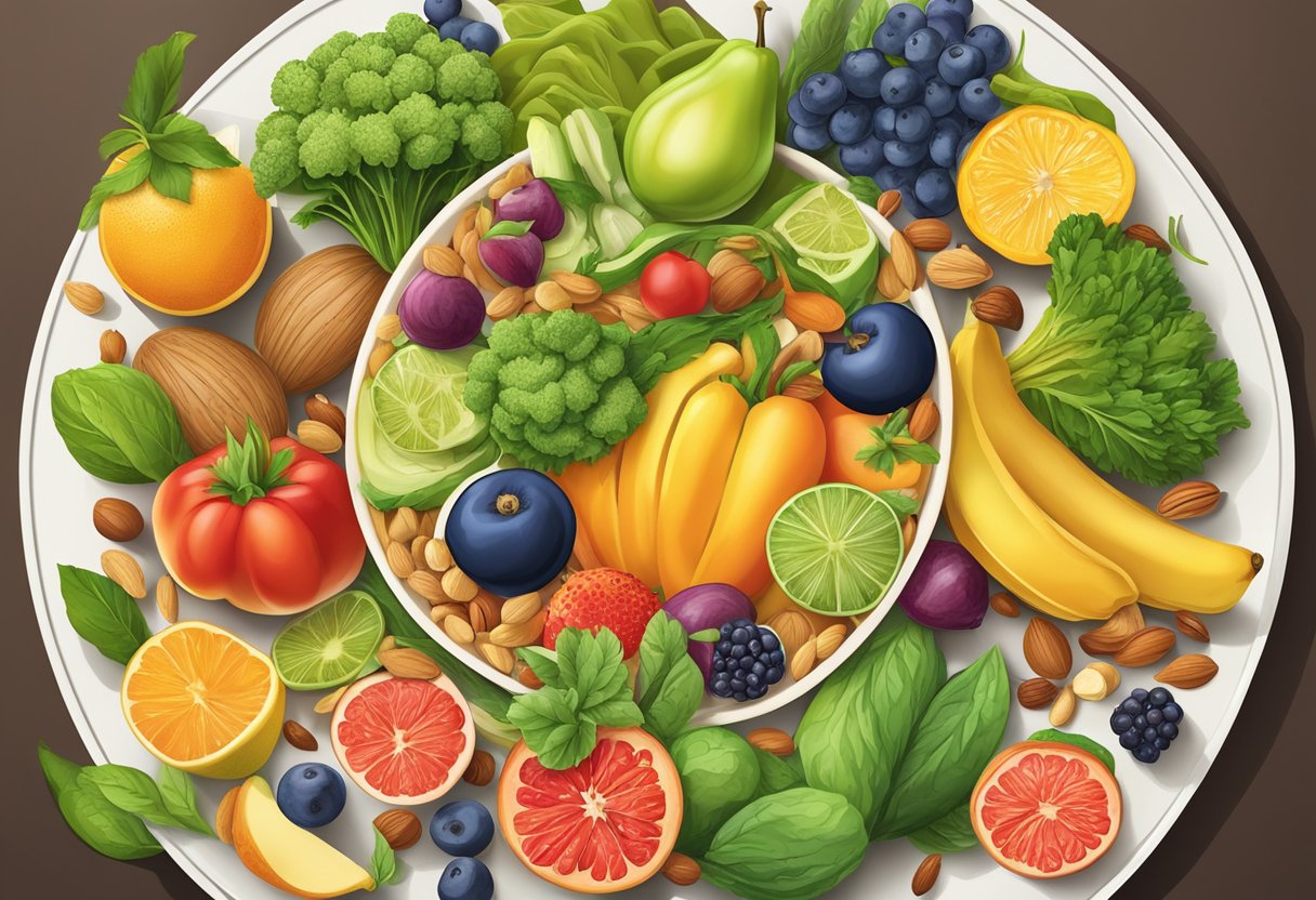 A colorful array of fresh fruits, vegetables, nuts, and grains arranged on a round plate, showcasing the vibrant and diverse ingredients of a gluten-free Mediterranean diet