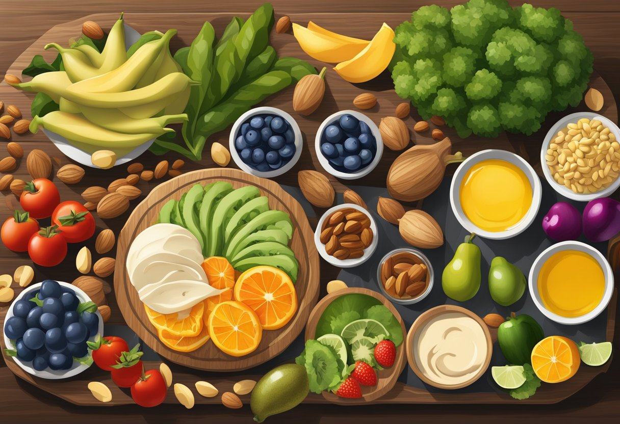 A colorful array of fresh fruits, vegetables, and nuts arranged on a wooden cutting board, accompanied by small bowls of hummus, olive oil, and balsamic vinegar for dipping and drizzling