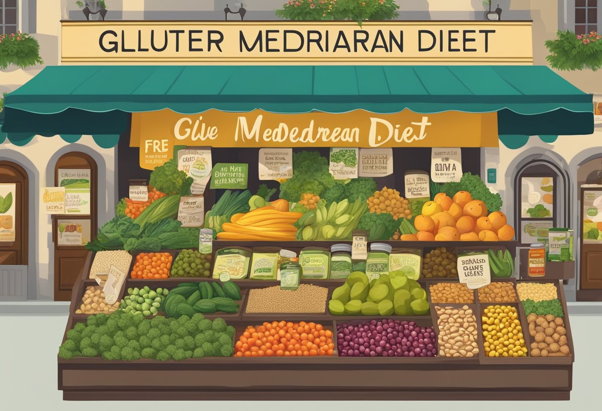 A vibrant market stall displays fresh fruits, vegetables, nuts, and olive oil. A sign reads "Gluten-Free Mediterranean Diet" in bold lettering