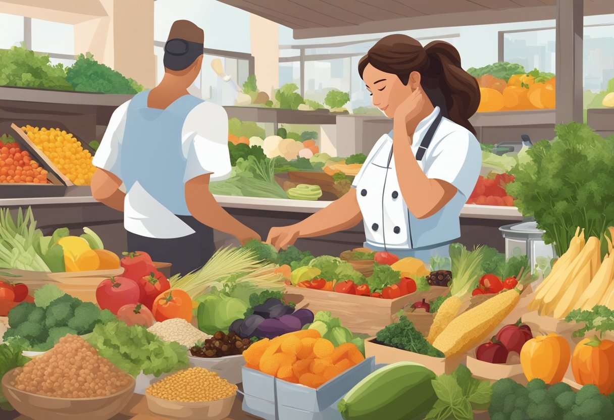 A bustling market with colorful fruits, vegetables, and grains. A chef chopping fresh herbs and marinating chicken. A woman packing a lunchbox with a variety of gluten-free Mediterranean dishes