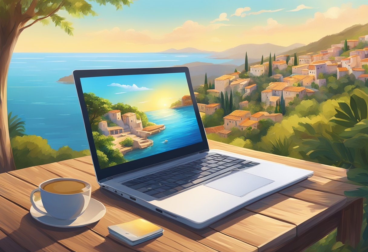 A laptop sits on a rustic wooden table, surrounded by vibrant Mediterranean scenery. The warm sun shines down on the peaceful setting, where technology and nature coexist in harmony