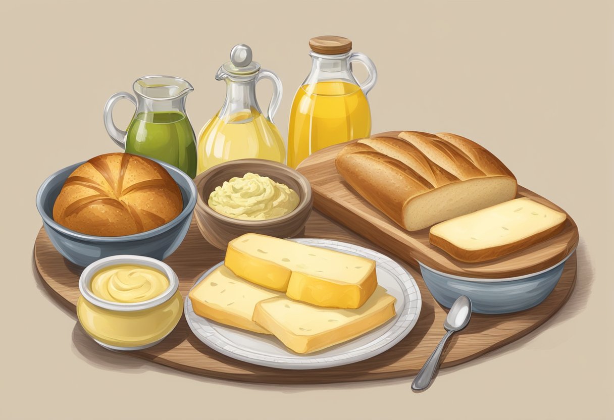 A table set with Mediterranean foods, including gluten-free bread and a selection of butter and margarine