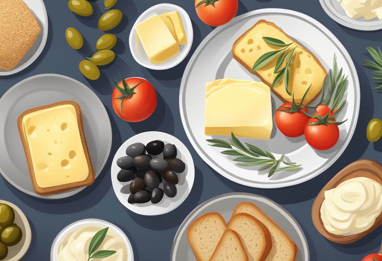 A spread of olives, olive oil, and fresh herbs on a wooden cutting board, with a loaf of gluten-free bread and a jar of margarine