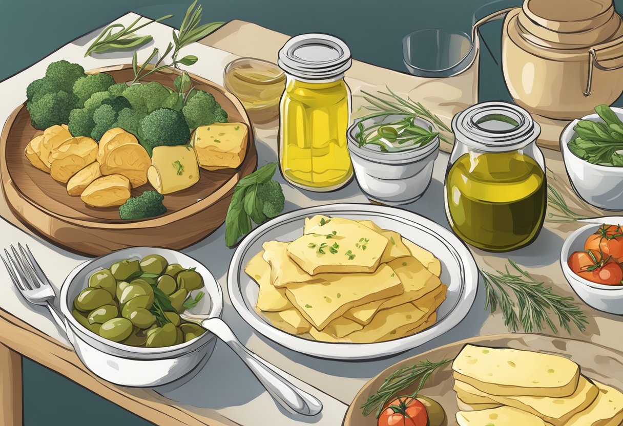 A table set with a variety of gluten-free Mediterranean foods, including olive oil, fresh vegetables, and herbs. A jar of margarine and a dish of butter sit alongside the spread, showcasing options for a gluten-free lifestyle