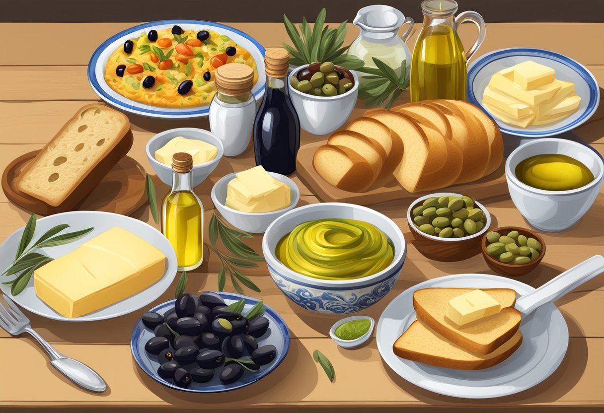 A table set with a colorful array of Mediterranean foods, including gluten-free bread, olives, olive oil, and dishes of butter and margarine