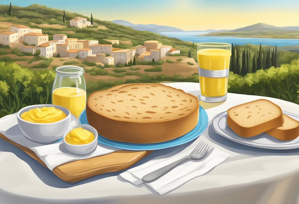 A table with a spread of gluten-free bread, butter, and margarine. A Mediterranean landscape in the background