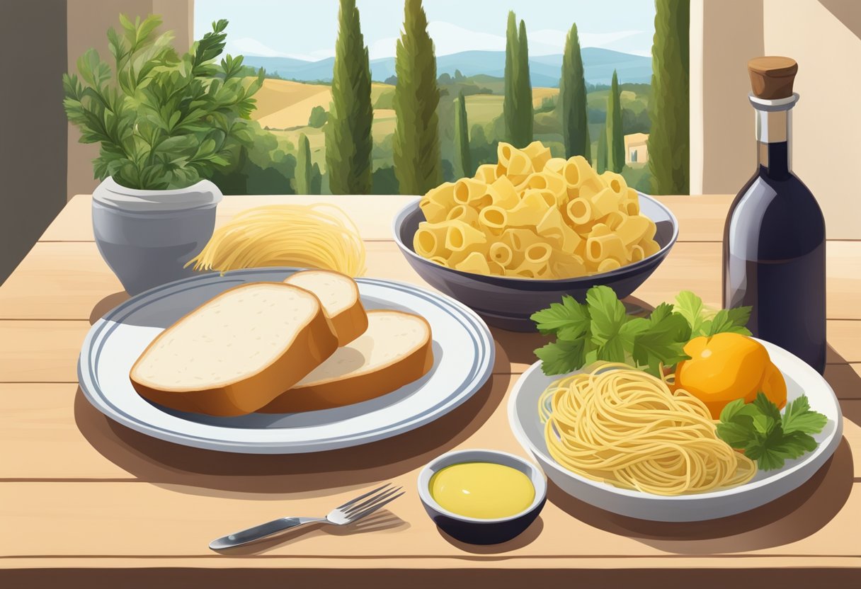 A table set with a loaf of gluten-free white bread, a bowl of gluten-free pasta, and a bottle of olive oil. Surrounding the table are fresh vegetables, fruits, and herbs, all bathed in warm Mediterranean sunlight