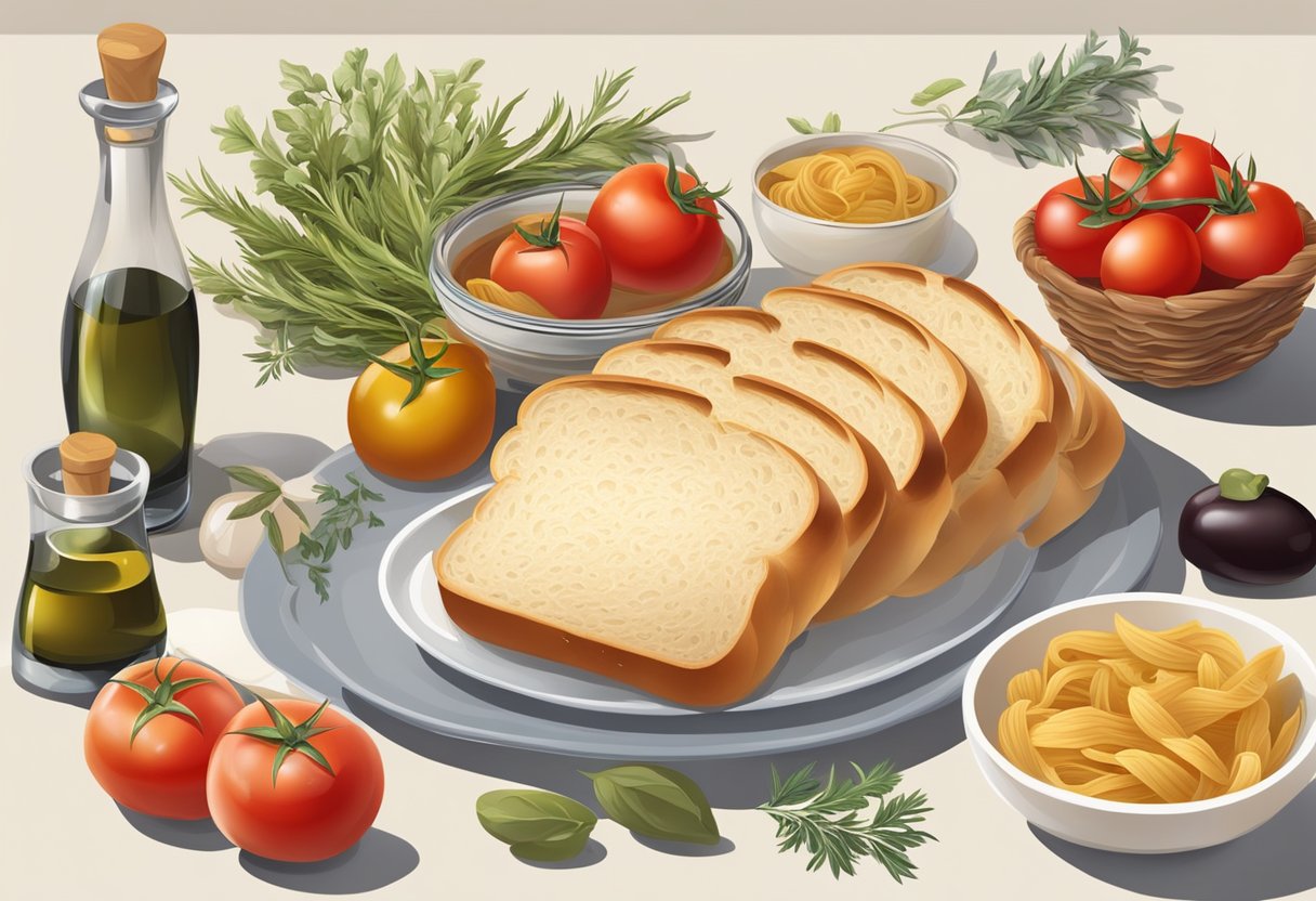 A table set with a loaf of white bread, a bowl of pasta, and various Mediterranean ingredients like olives, tomatoes, and herbs