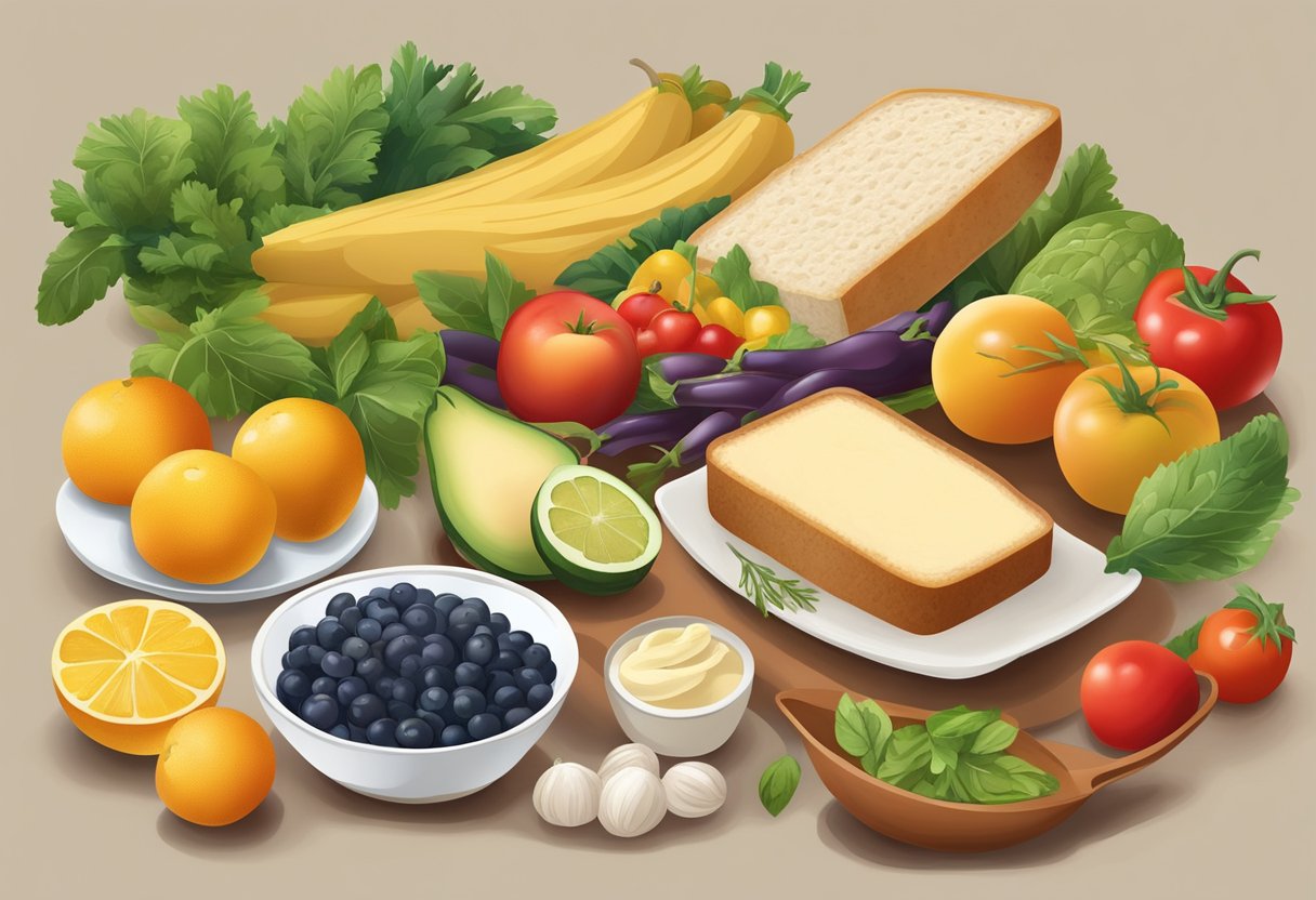 A table displays colorful fruits, vegetables, and healthy fats alongside gluten-free white bread and pasta, representing the Mediterranean diet