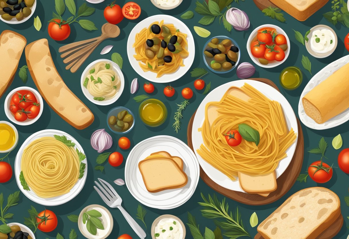 A table set with a loaf of white bread and a bowl of pasta, surrounded by colorful Mediterranean ingredients like tomatoes, olives, and herbs