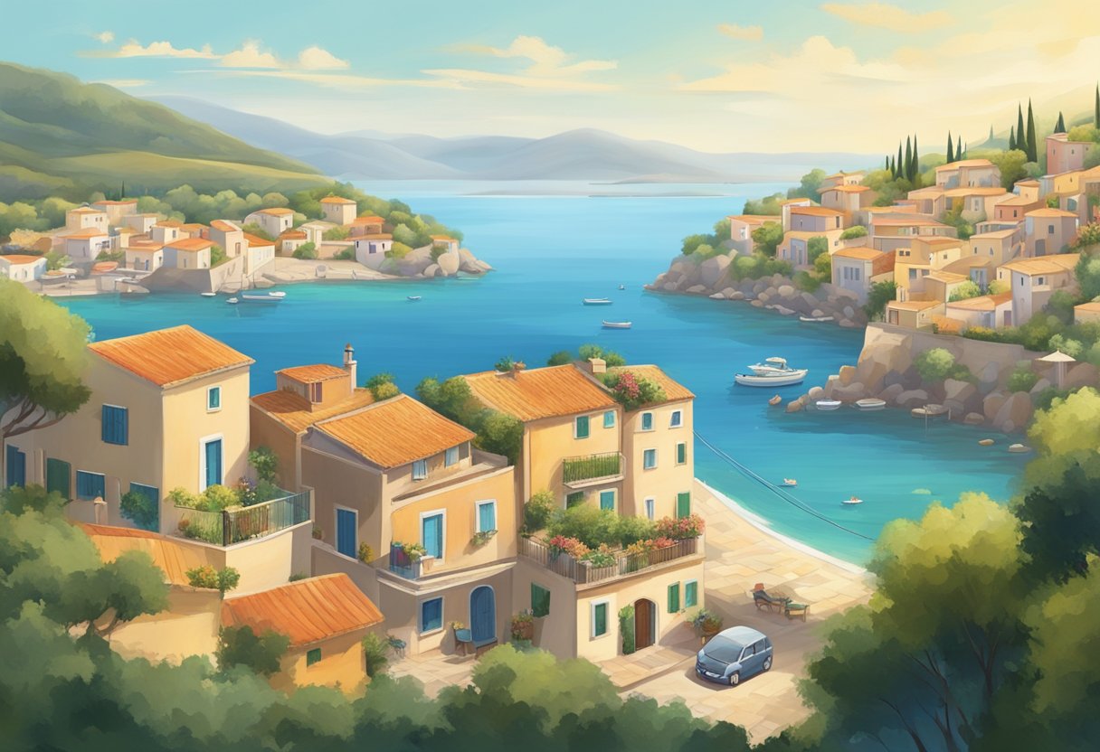 A serene Mediterranean landscape with a modern twist; a tranquil seaside village with a backdrop of digital devices seamlessly integrated into everyday life