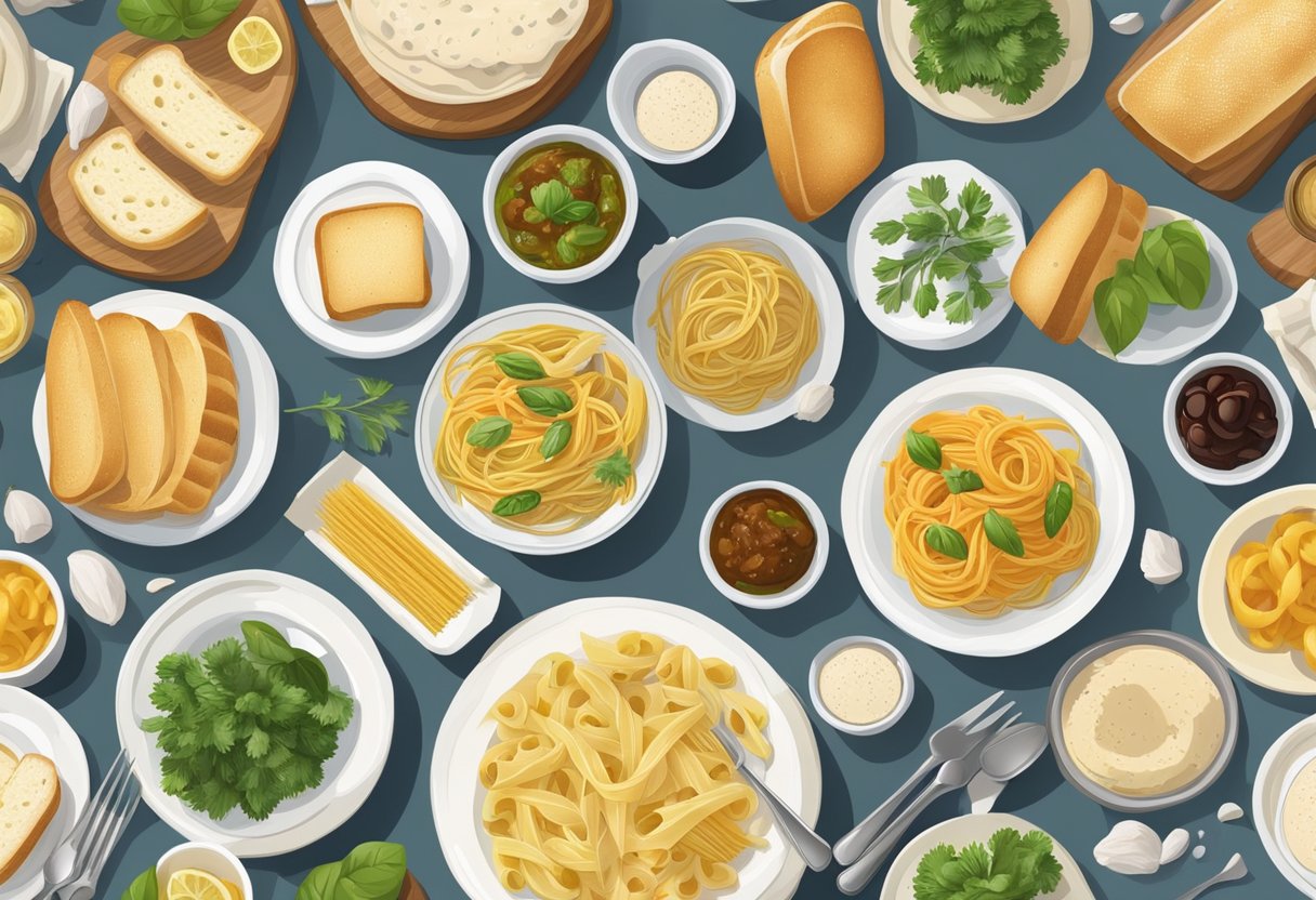 A table set with white bread and pasta alongside Mediterranean diet dishes